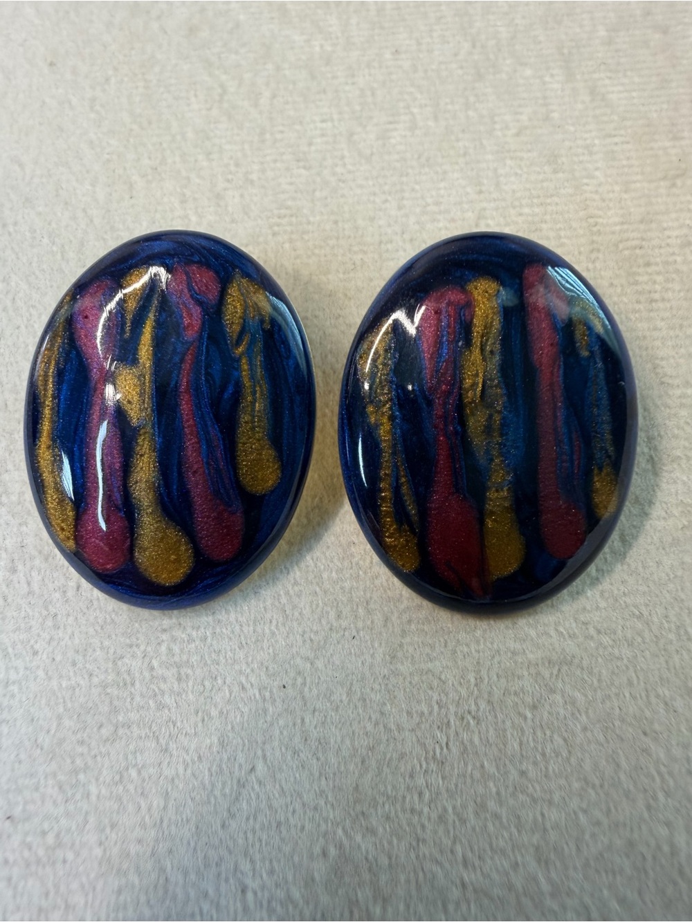 Handmade Oval Resin Earrings in Navy with Gold & Burgundy Drip